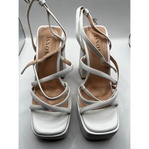 ISNOM White Platform Strappy Sandals Chunky Block Heel Square Toe Womens 6 / 36